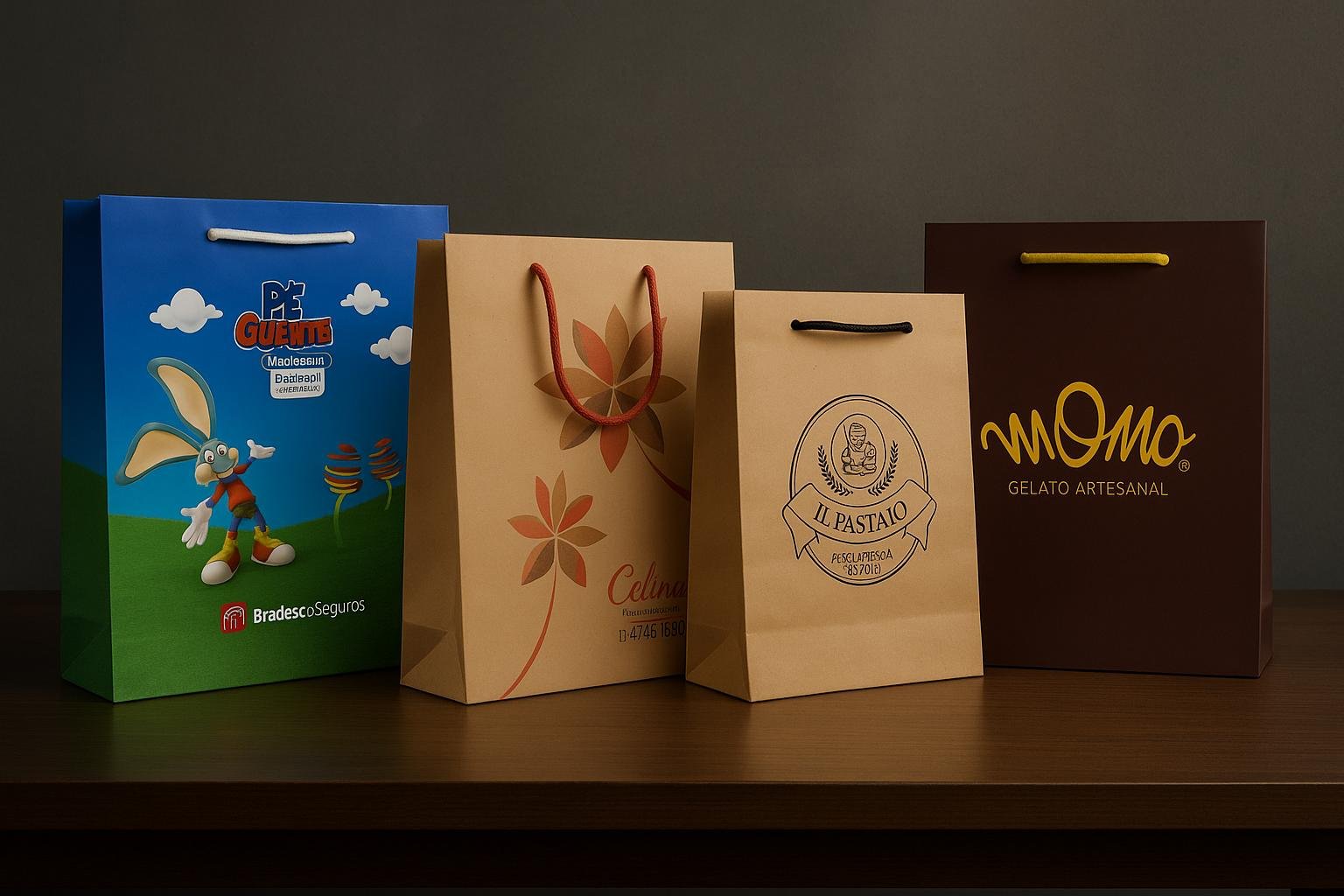 Exemplos de sacolas de papel com designs personalizados sofisticados que transmitem valor e qualidade da marca