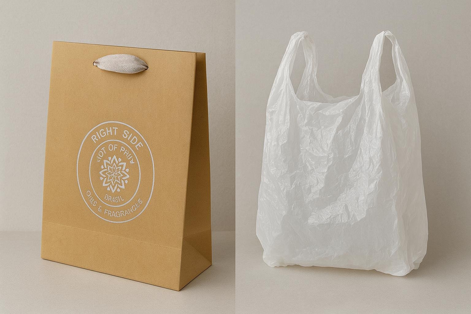 Comparação entre sacolas de papel e plásticas mostrando as vantagens ambientais e de qualidade