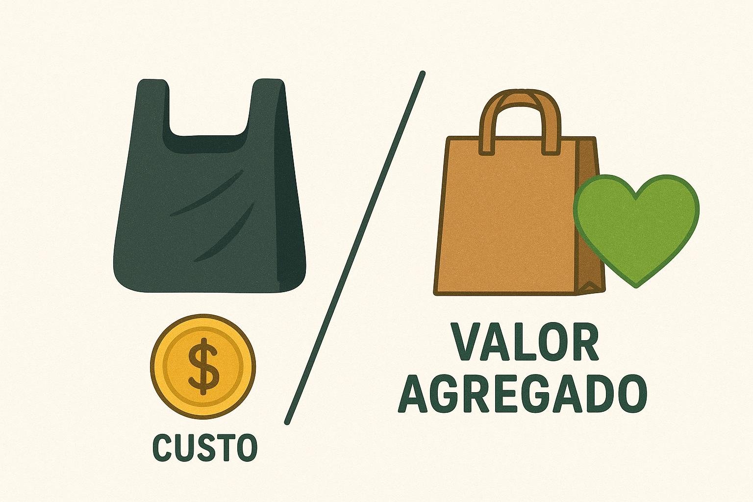 Representação visual do aspecto de custo das sacolas plásticas em comparação com o valor agregado das sacolas de papel