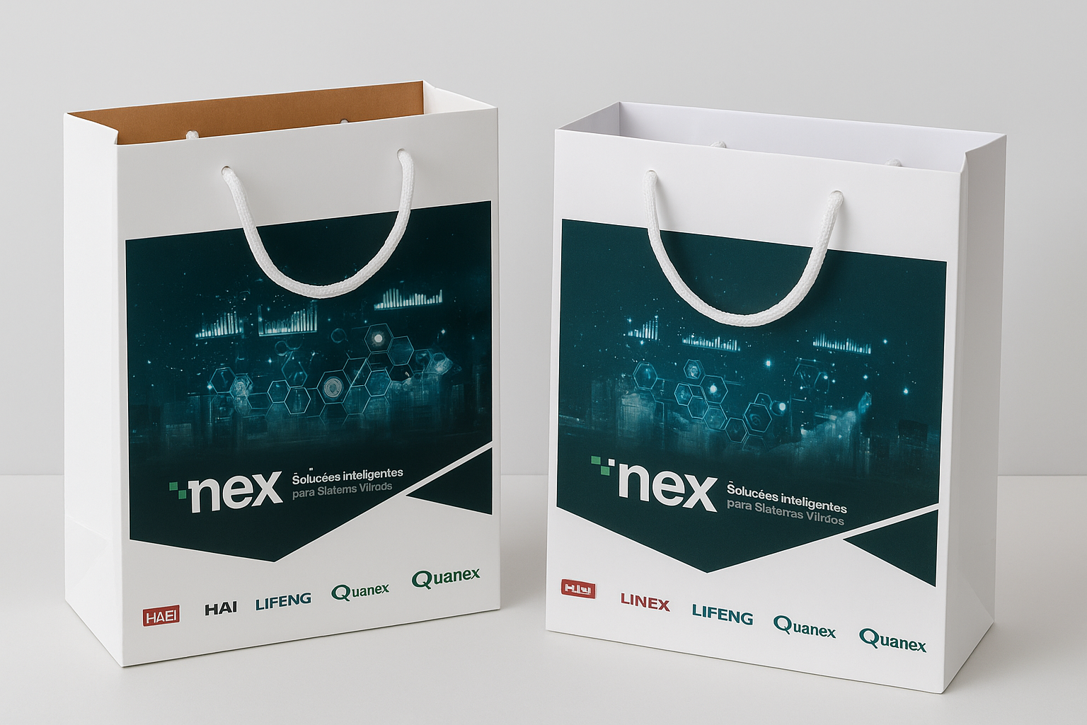 Sacolas de papel personalizadas com design futurista, representando as tendências de embalagens para 2026 e a inovação no mercado