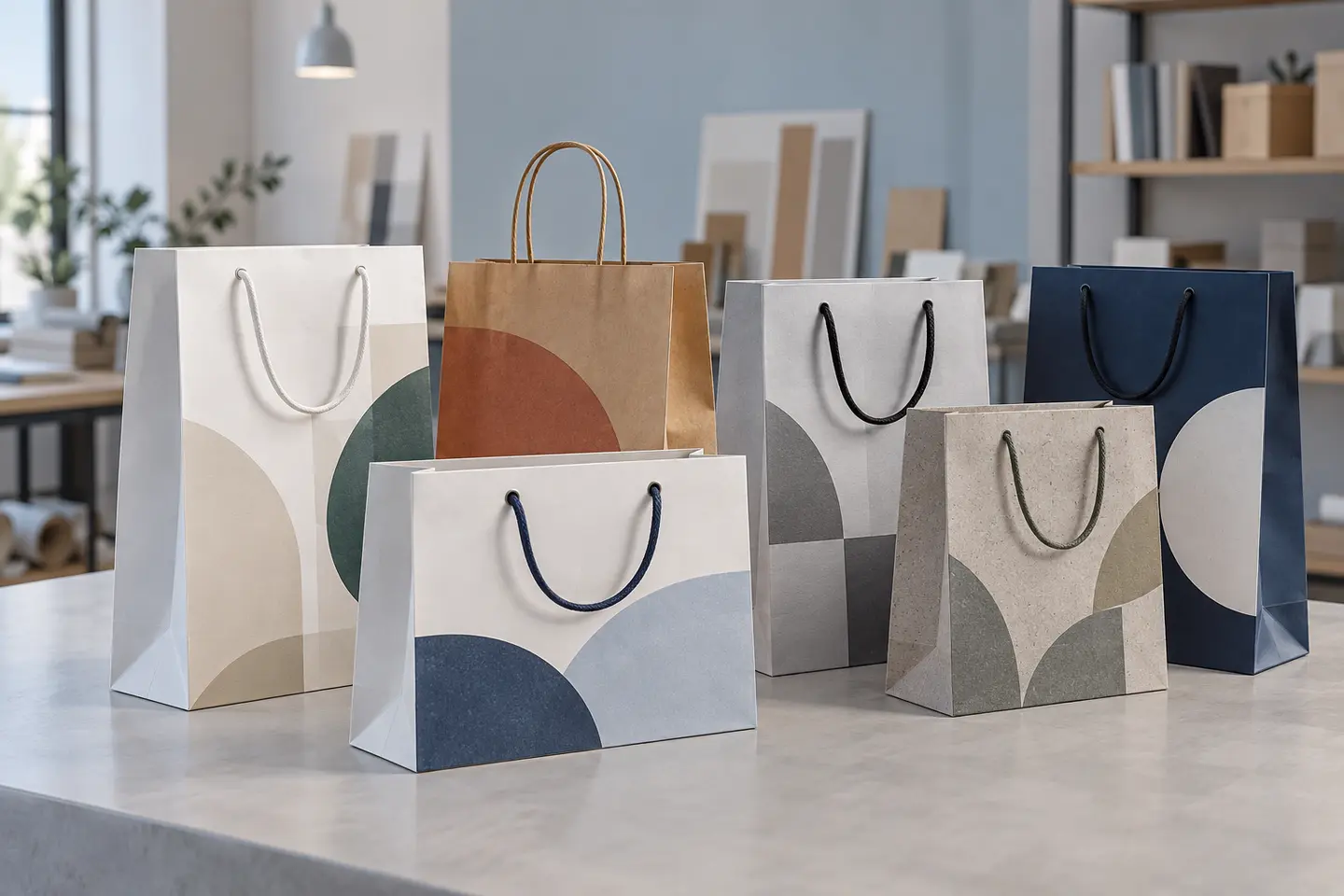Variedade de sacolas de papel personalizadas da Gazoni Embalagens, incluindo sacolas kraft, duplex e triplex com diferentes acabamentos e designs
