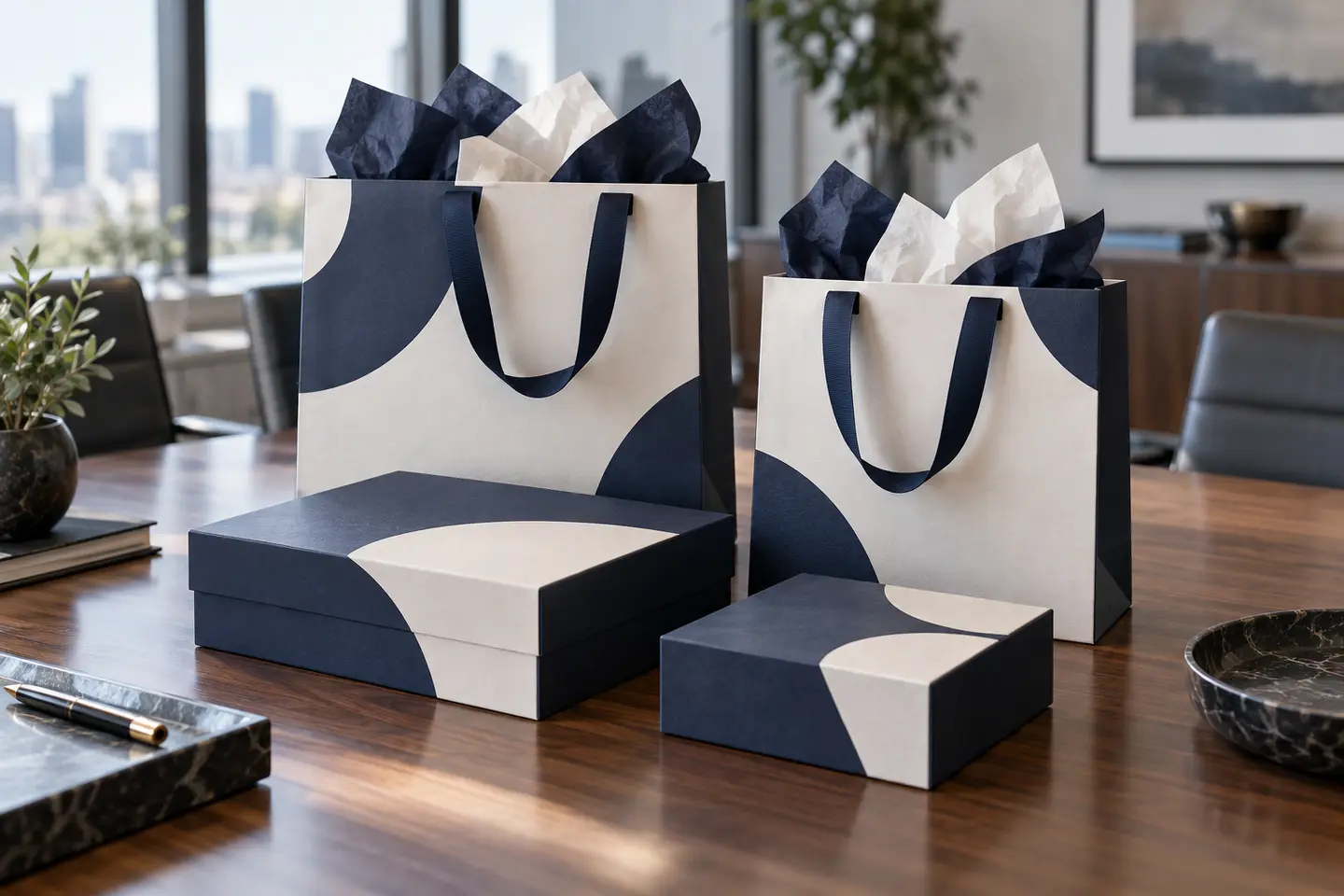 Sacolas de papel personalizadas para brindes corporativos, ideais para empresas que buscam impactar seus clientes e parceiros
