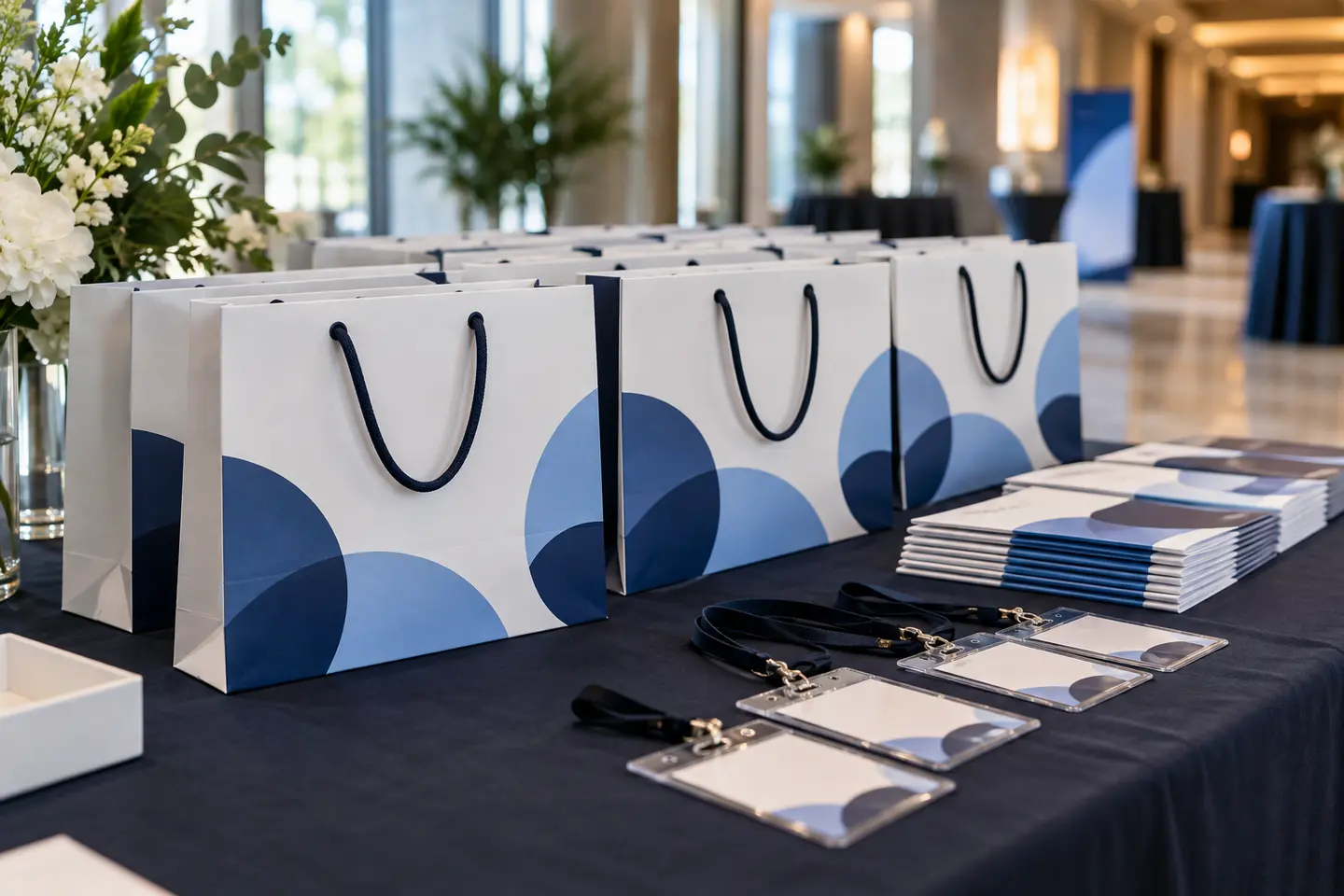 Sacolas de papel personalizadas para feiras e exposições, com grande área para divulgação da marca e informações do evento