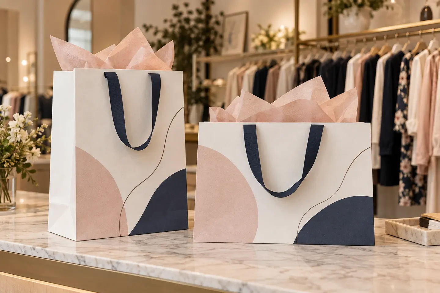 Sacolas de papel personalizadas para lojas de varejo, com logo e design exclusivo para fortalecer a marca