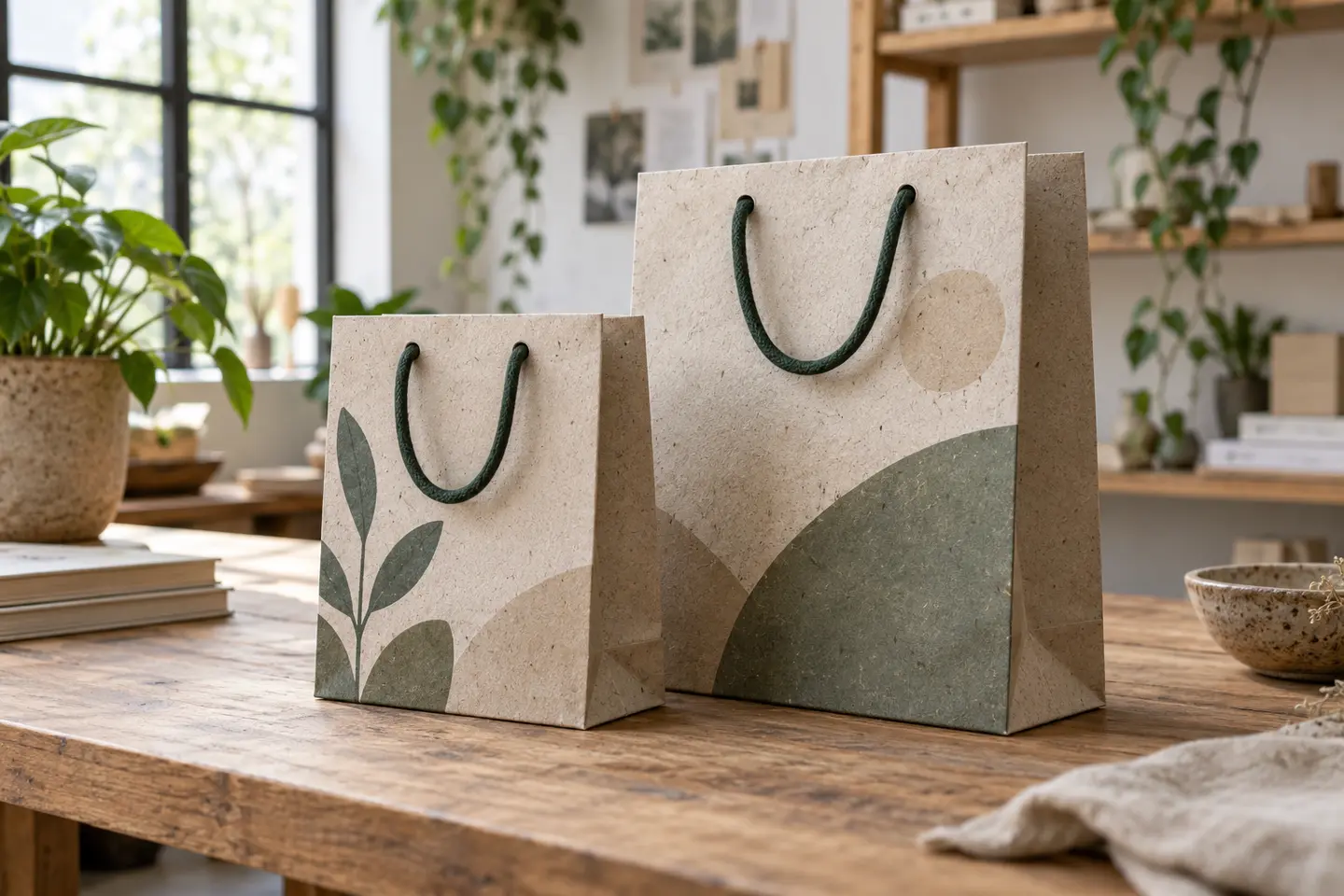 Sacolas de papel reciclado personalizadas, demonstrando o compromisso da marca com a sustentabilidade e o meio ambiente
